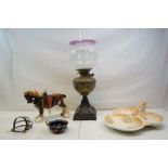 A vintage brass effect oil lamp with shade and chimney, an hors d'oeuvres triple dish, ceramic shire