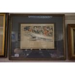 Framed Japanese Woodblock Portrait of Figures in a crowded boat on a river