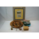 Mixed lot including Burr Oak treen Dish, two framed monochrome photos of Rhyl, brass coat hooks,