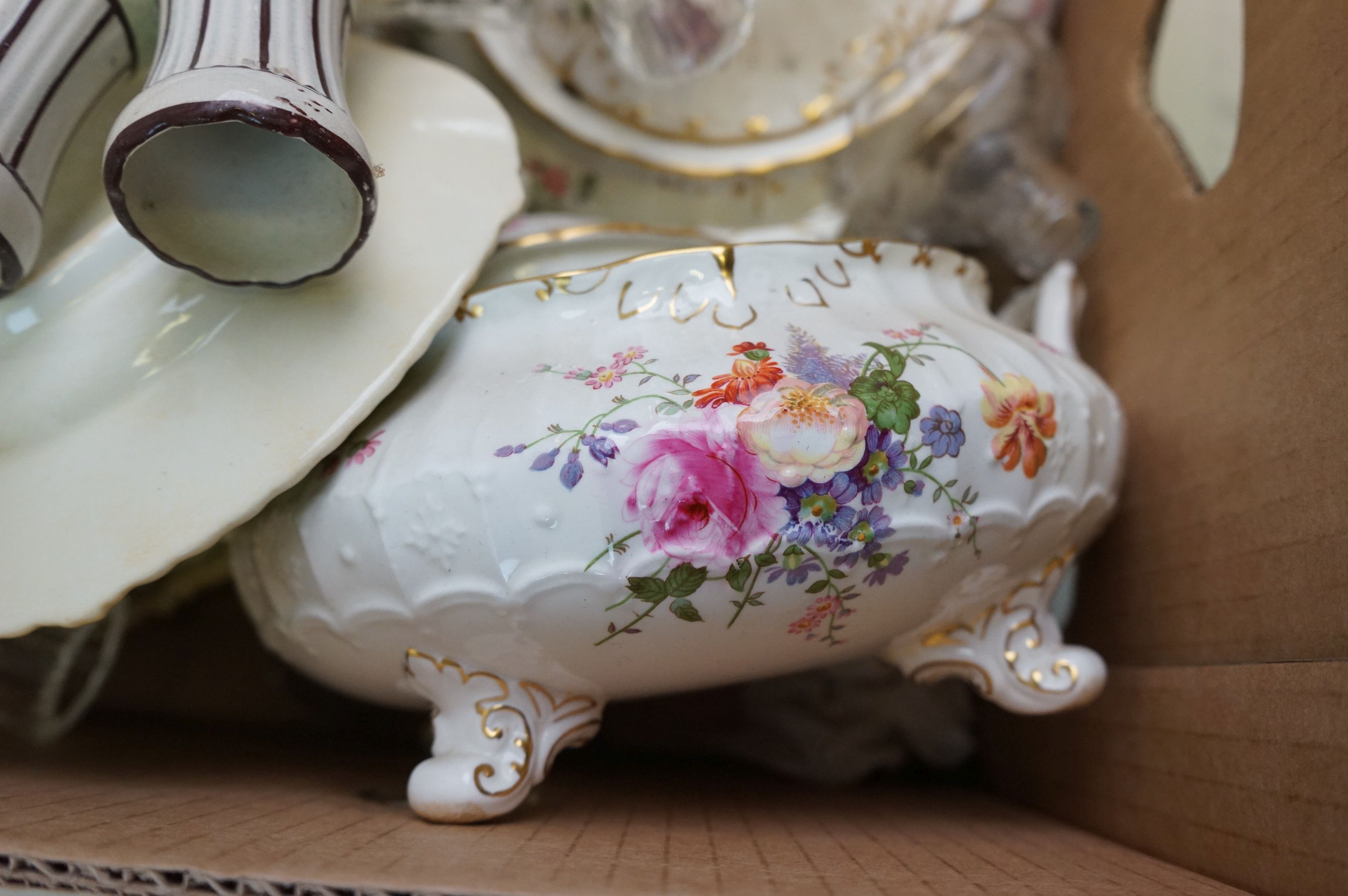 Two boxes of ceramics and glass to include Royal Crown Derby tureens, candlesticks, ice bucket, - Image 7 of 9