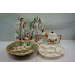 A pair of 19th century Staffordshire Flatback, a tin glazed bowl (a/f, Poole Pottery Hors d'