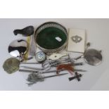 A selection of mixed collectables to include hip flask, pens, pill box and lorgnette glasses.