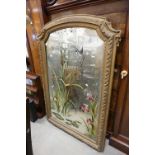 19th century Large Gilt Framed Overmantle Mirror, the glass plate painted with a scene of birds,