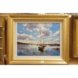 ' Moorings in Poole Harbour ' by Norman Smith, Oil Painting, Gilt Framed
