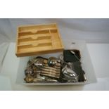 A quantity of silver plated cutlery together with a wooden cutlery tray etc.