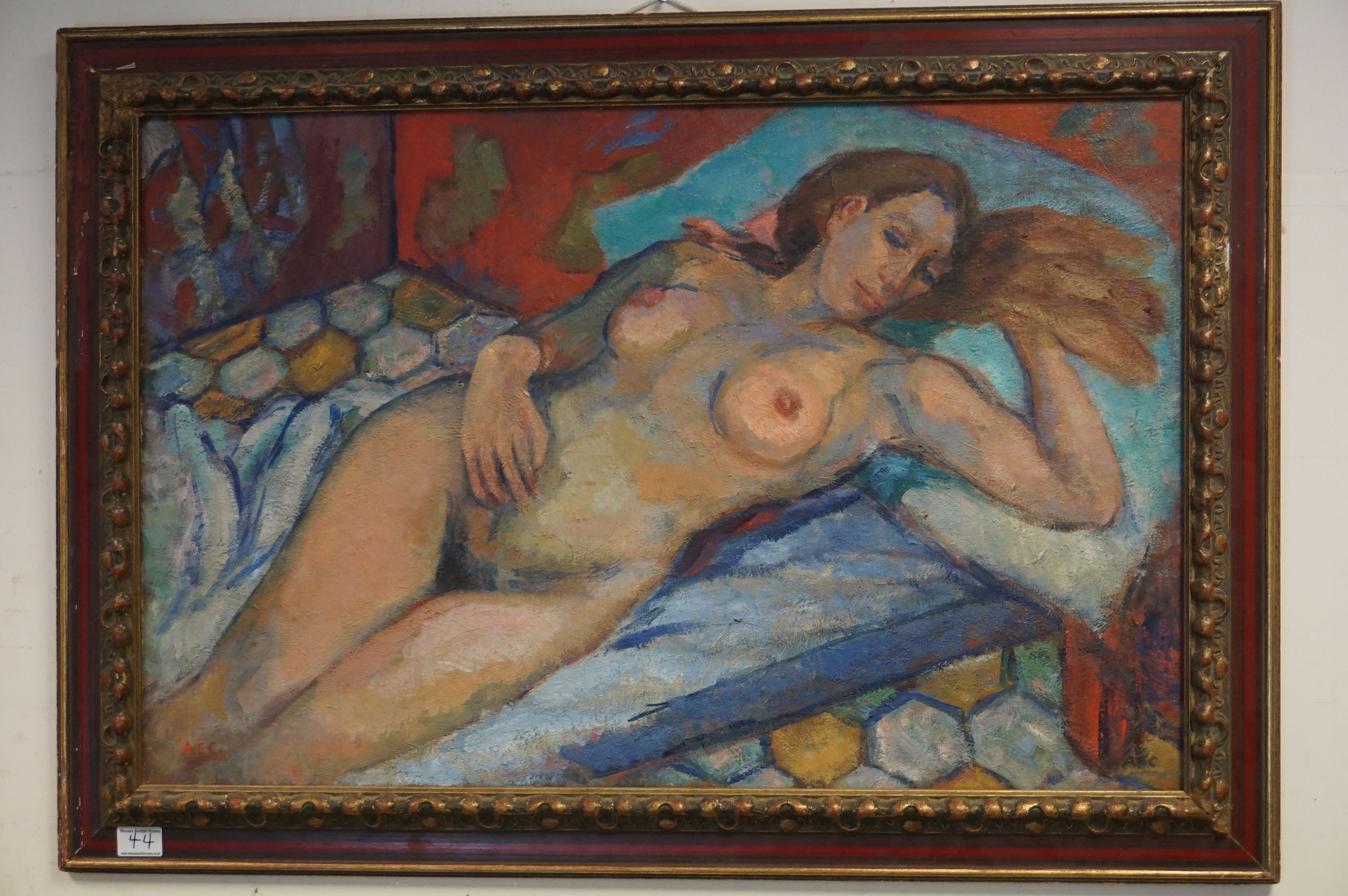 A 20th century oil on canvas of a recumbent nude women 56 x 87 cm initialled A E C.