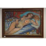 A 20th century oil on canvas of a recumbent nude women 56 x 87 cm initialled A E C.