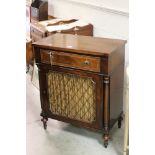 Regency style Mahogany Cabinet, single drawer over a cupboard door with silk pleated panel and