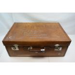 A 1930s/40s large leather suitcase belonging to Captain R H Baillie of Sutton Coalfield insciribed