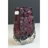 Whitefriars Aubergine Coffin Vase designed by Geoffrey Baxter, 13cms high