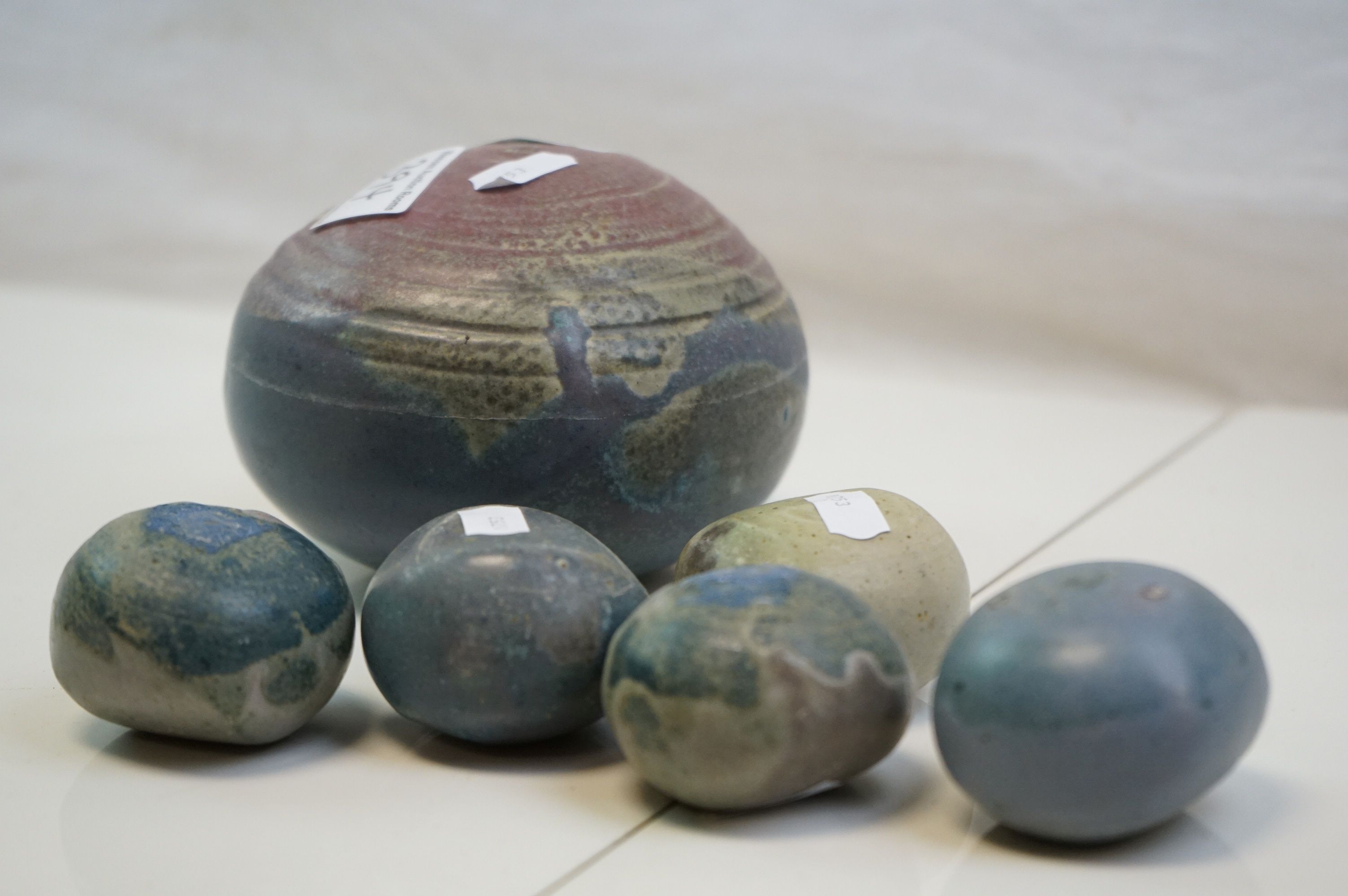 Five studio pottery sculptures in the form of stones together with one other larger no makers mark. - Image 4 of 5
