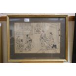 Signed Framed Japanese Woodblock of Figures in a Play Performance