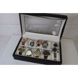 Display Case with Ten Gents Wristwatches to include Klaus Kobel and Stuhrling Automatic, et