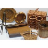 Mixed Lot including Wooden Bowls, Wicker Basket, Leather Briefcase / Satchell