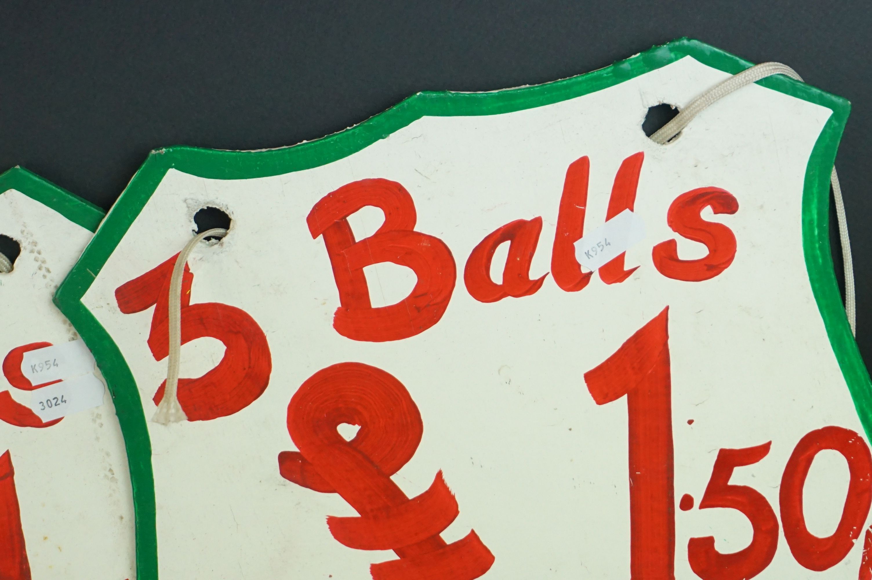 Four Painted Wooden Fairground Price Signs including ' 3 Balls for 1.50 ', between 25cms to 28cms - Image 3 of 6