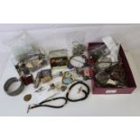 A box of mixed collectables to include Albert chains, vintage costume jewellery and hat pins.