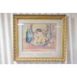 A gilt framed contemporary watercolour of still life fruit and bottle 36 x 42 cm .