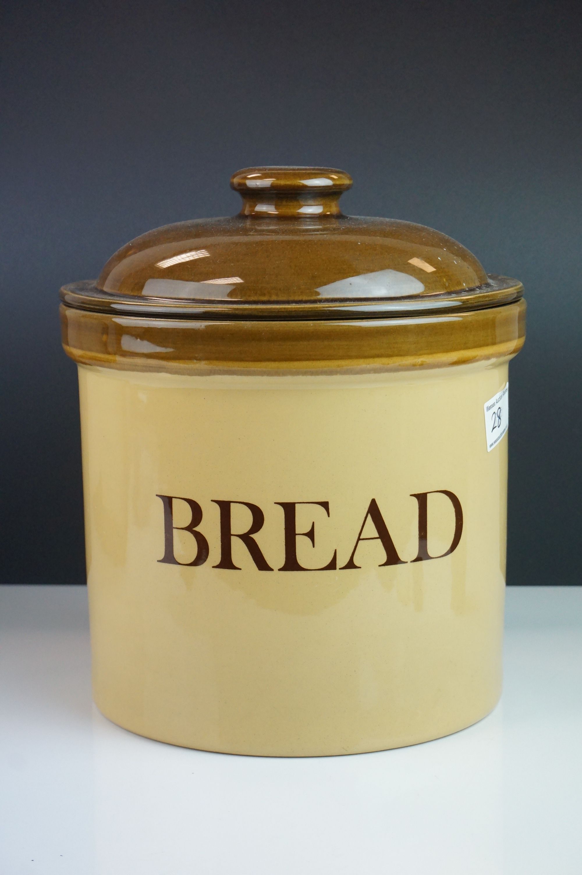 Large ' T G Green ' Ceramic Bread Crock with Lid, marked ' Bread ', 29cms high