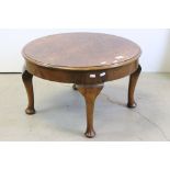 1930's / 40's Walnut Circular Coffee Table raised on short cabriole legs, 62cms diameter x 35cms