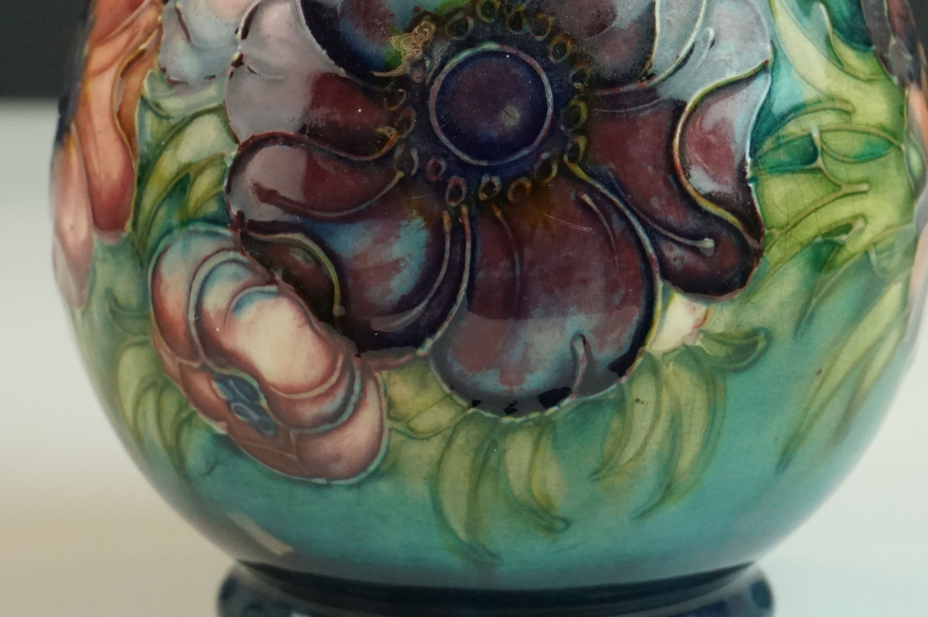 Moorcroft Baluster Vase in the Anemone pattern on a green ground, Moorcroft signature to base and - Image 6 of 6