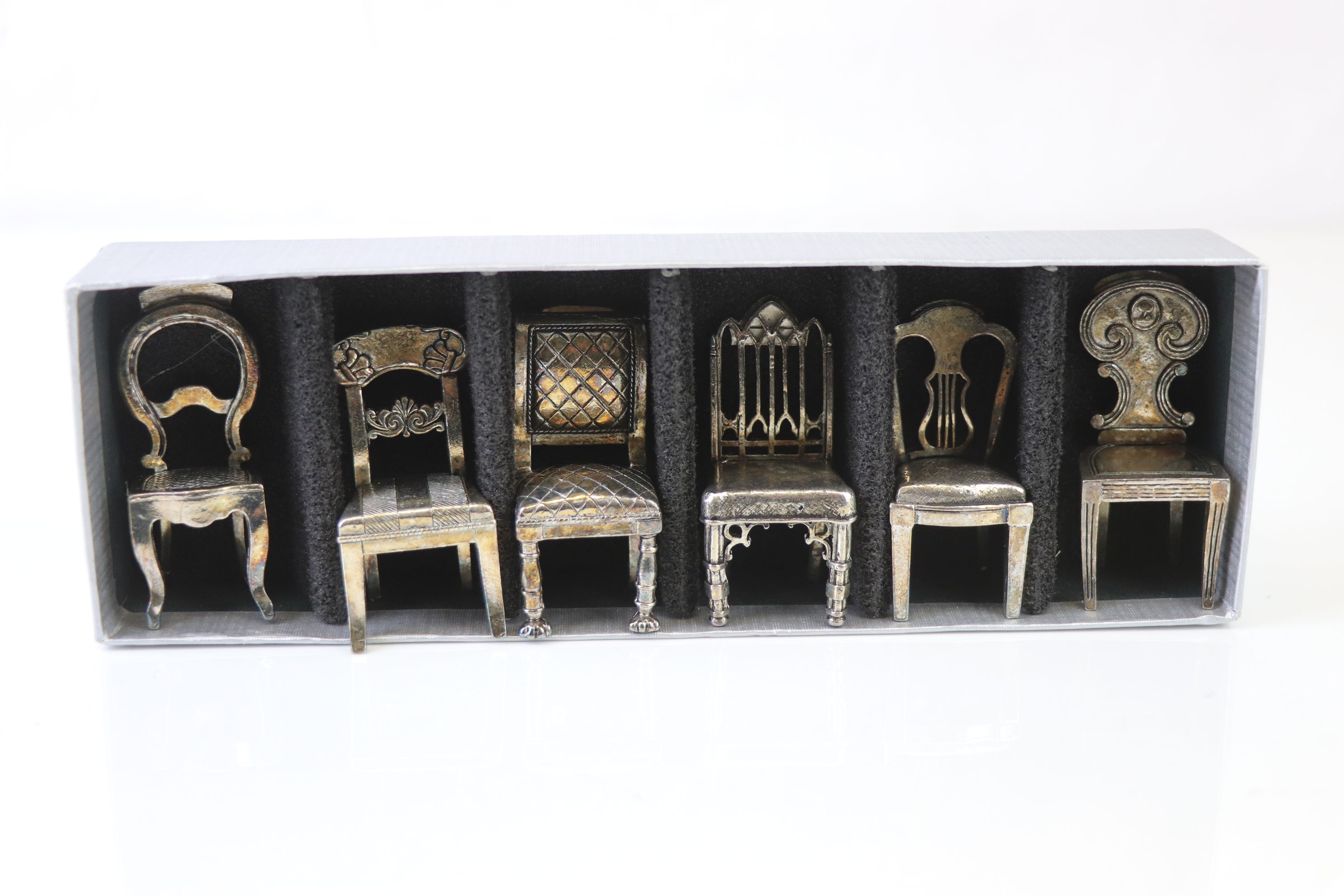 Set of Six Silver Plate Menu / Card Holders in the design of Chairs