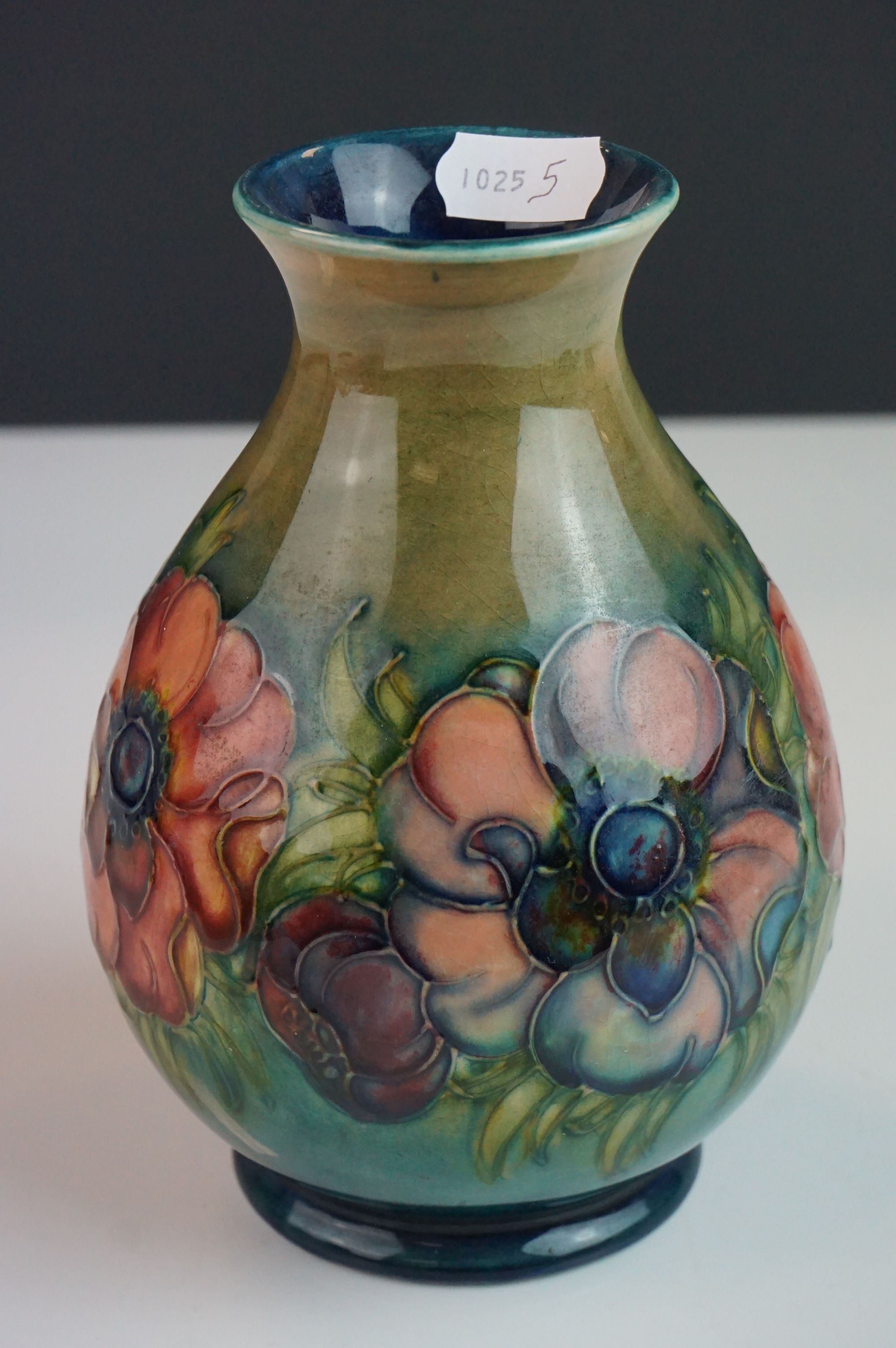 Moorcroft Baluster Vase in the Anemone pattern on a green ground, Moorcroft signature to base and - Image 2 of 6