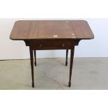 19th century Mahogany Inlaid Drop Flap Table, the drawer to end with two brass handles, raised on