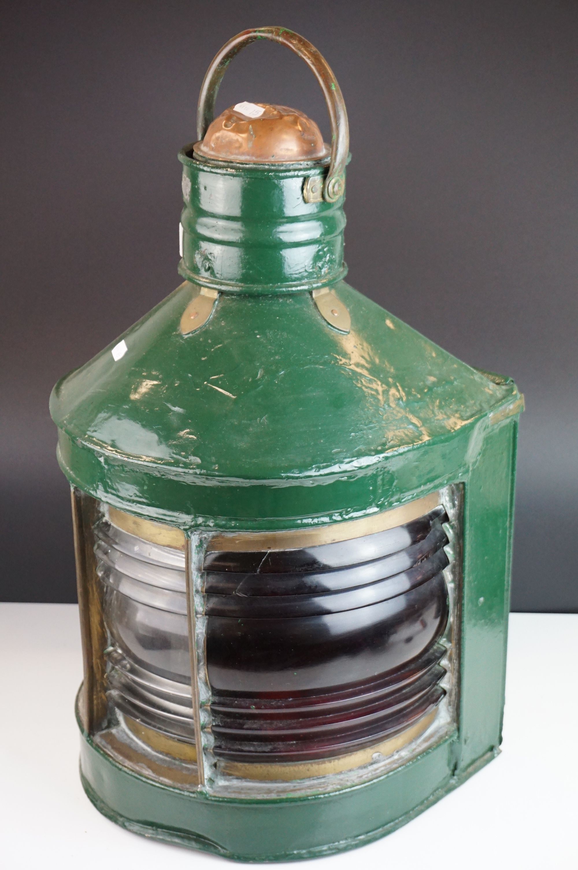 Large Port and Starboard Storm Ships Lamp, Green finish, 1920's, 64cms high (to top of handle)