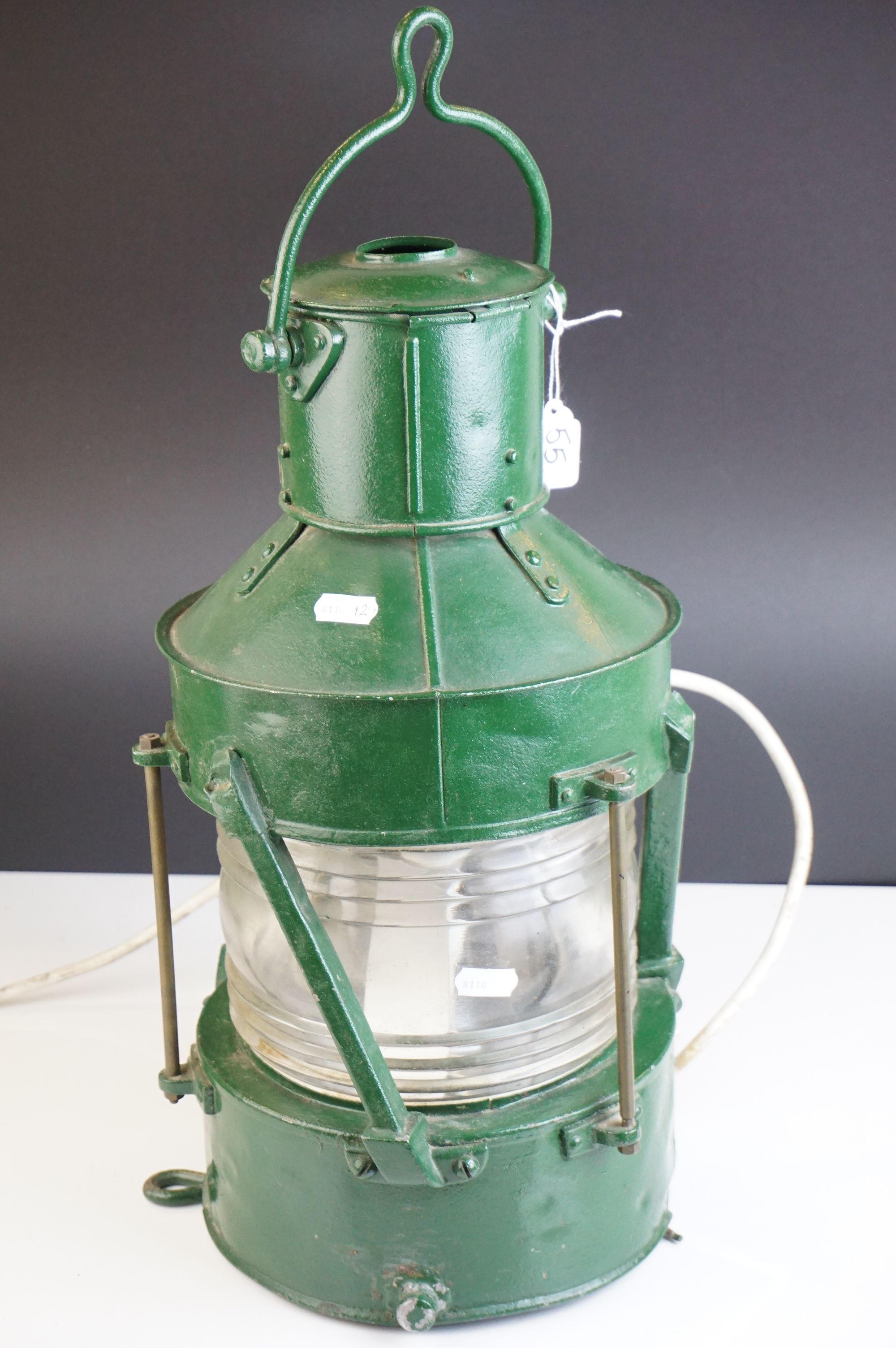 Ships Lamp, green finish, converted to electric, 1930's, 54cms high (to top of handle)