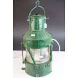 Ships Lamp, green finish, converted to electric, 1930's, 54cms high (to top of handle)
