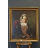 Large oil painting portrait of a Victorian lady in costume mounted in a gilt coloured frame 76 x