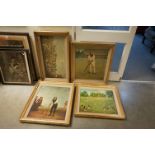 Four framed cricketing prints to include portrait of W G Grace.