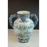 19th century Italian Majolica Drug Jar for E. Rabard, with two rope twist handles and decorated with