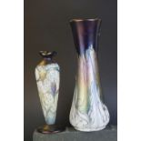 Two Okra art glass iridescent patterned vase, tallest 24cms high