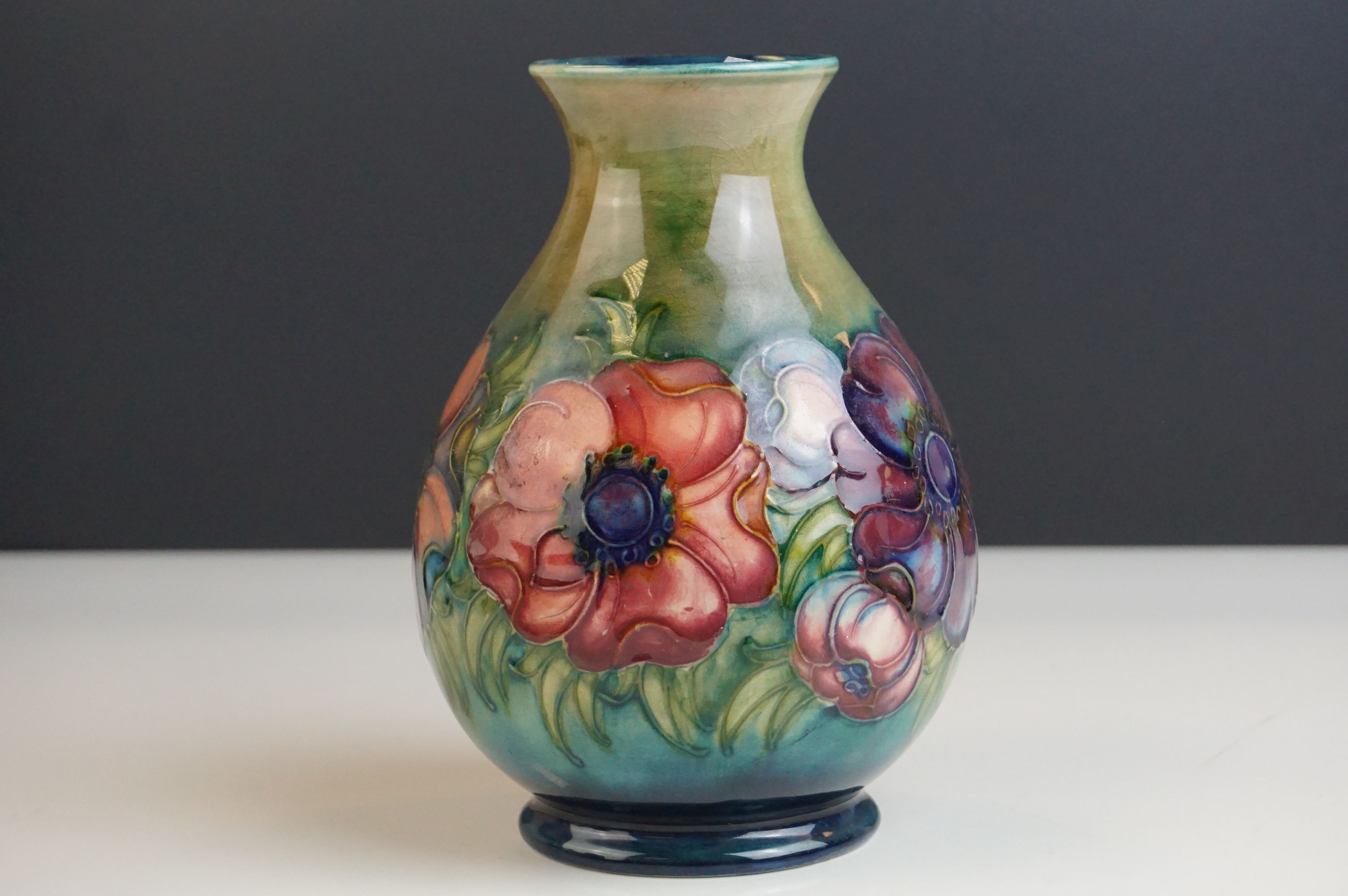 Moorcroft Baluster Vase in the Anemone pattern on a green ground, Moorcroft signature to base and