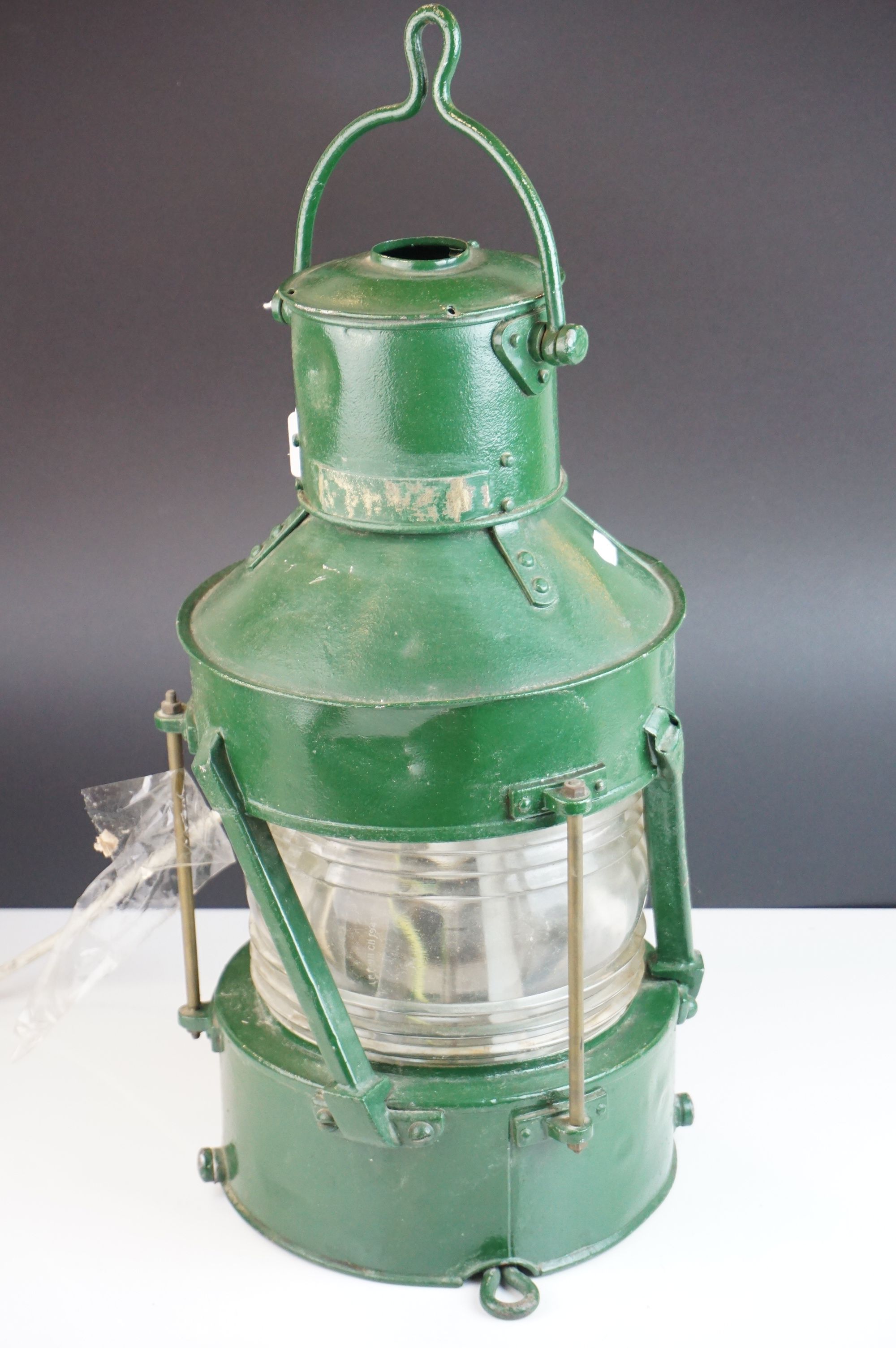 Ships Lamp, green finish, converted to electric, 1930's, 54cms high (to top of handle) - Image 2 of 6