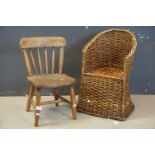 Elm Seated and Stick Back Child's Chair together with a Wicker Tub Child's Chair