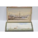 Watercolour of Sailing Ships in Dock titled ' Slipway, Adelaide ' signed lower right J Fudgate 44,