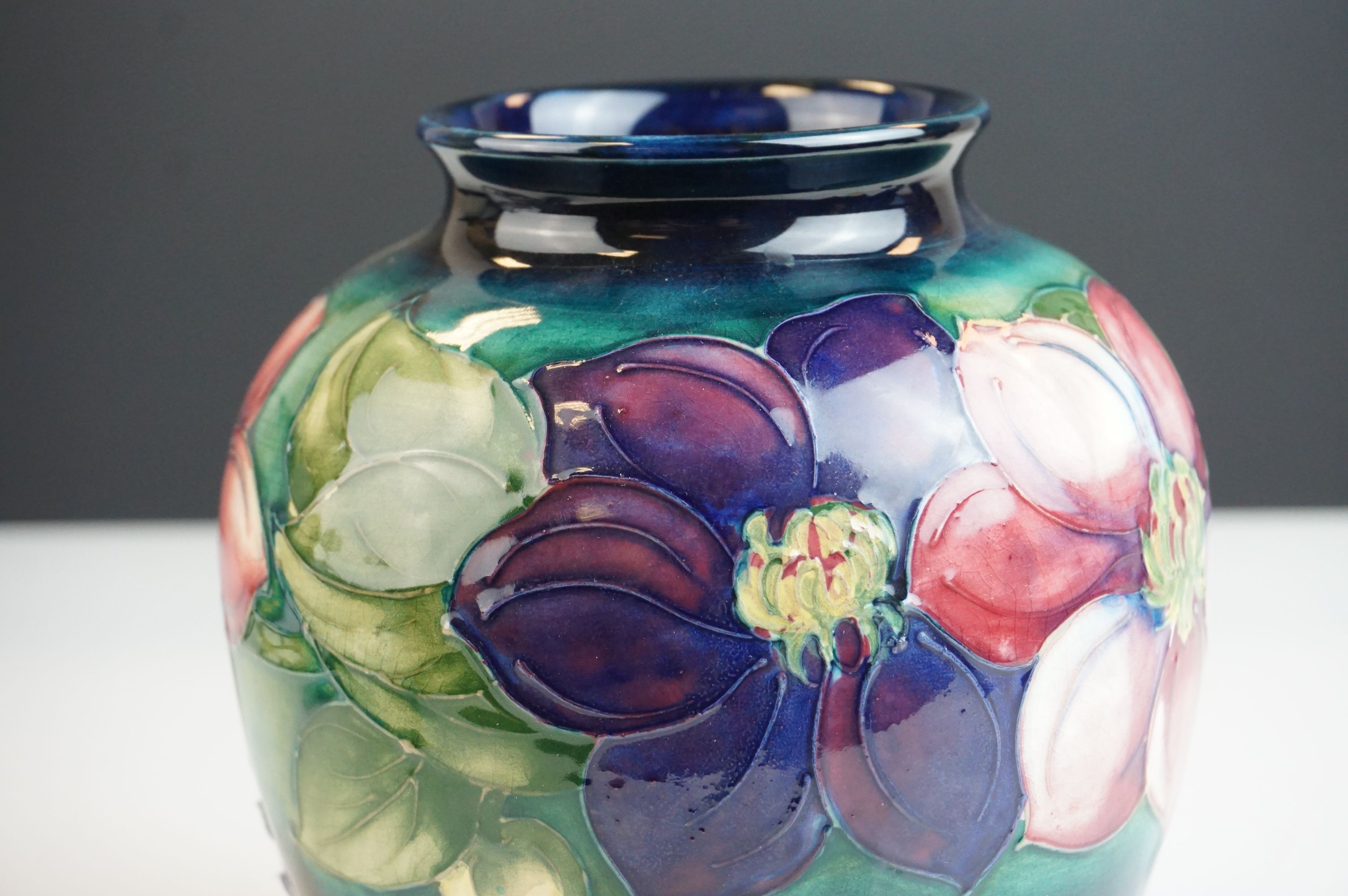 Moorcroft Globular Vase in the Clematis pattern on a green ground, Moorcroft signature to base and - Image 3 of 7
