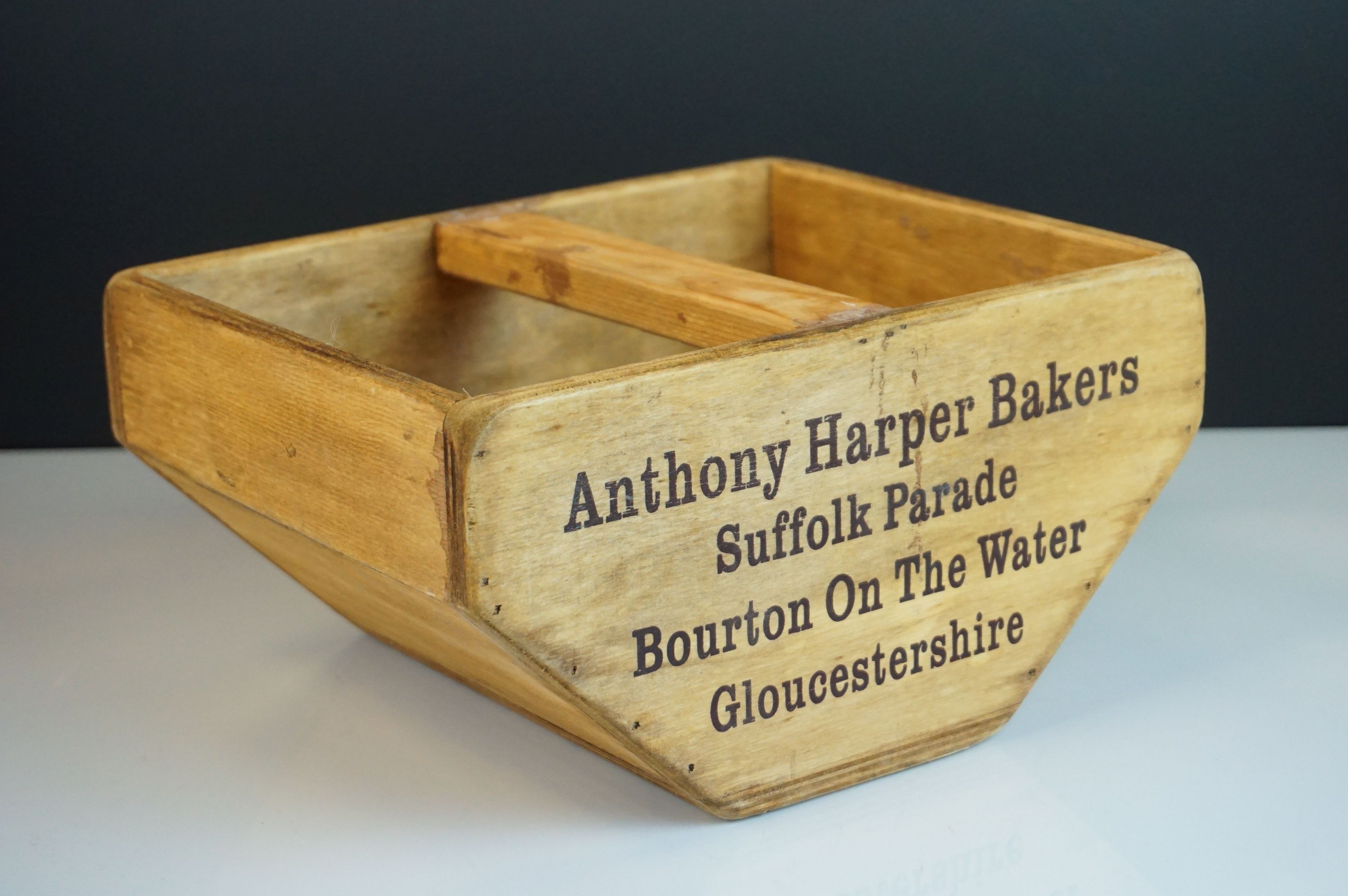 Wooden Trug with central handle marked ' Anthony Harper Bakers, Bourton on the Water,