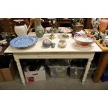 19th century White Painted Pine Kitchen Table, with single drawer to side, raised on turned legs,