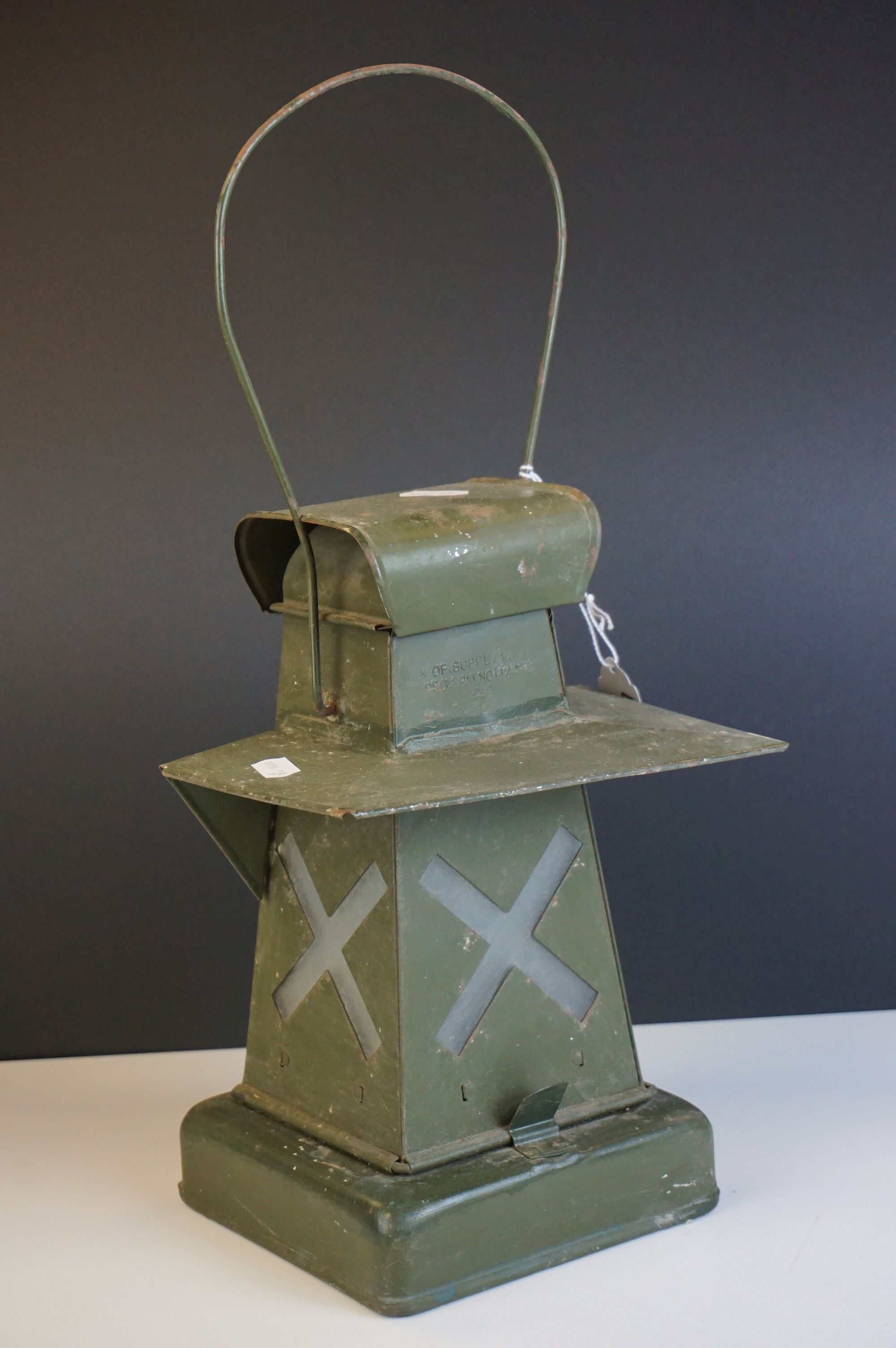 Army Railway Lamp, impressed mark ' Min of Supply Patt .... ' 1940's, 42cms high (to top of handle)