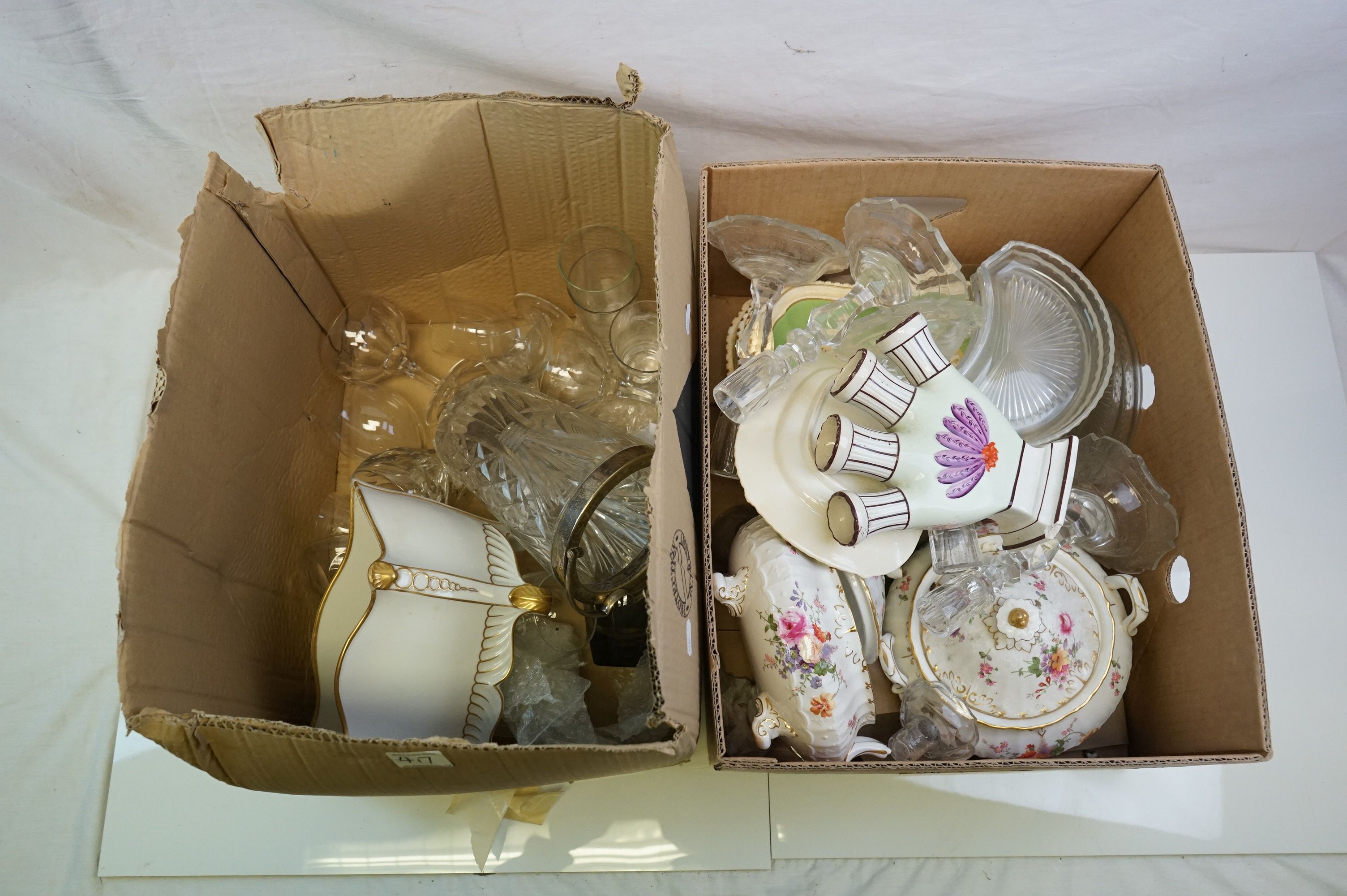 Two boxes of ceramics and glass to include Royal Crown Derby tureens, candlesticks, ice bucket,
