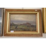 19th / 20th century Oil on Panel Farm Scene with Man in Field, signed on verso