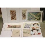 Quantity of Japanese block prints to include Samurai Warrior, Watercolours and other oriental