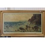 Large Victorian Oil Painting on Canvas of a Rugged Sea Scape by G Watson 1900