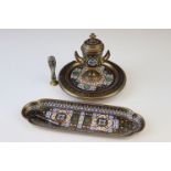 A vintage cloisonne desk set to include inkwell, pen tray and seal.