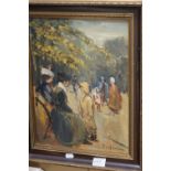 Impressionist Oil Painting on Panel of Early 20th century Figures in a Park, indistinctly signed