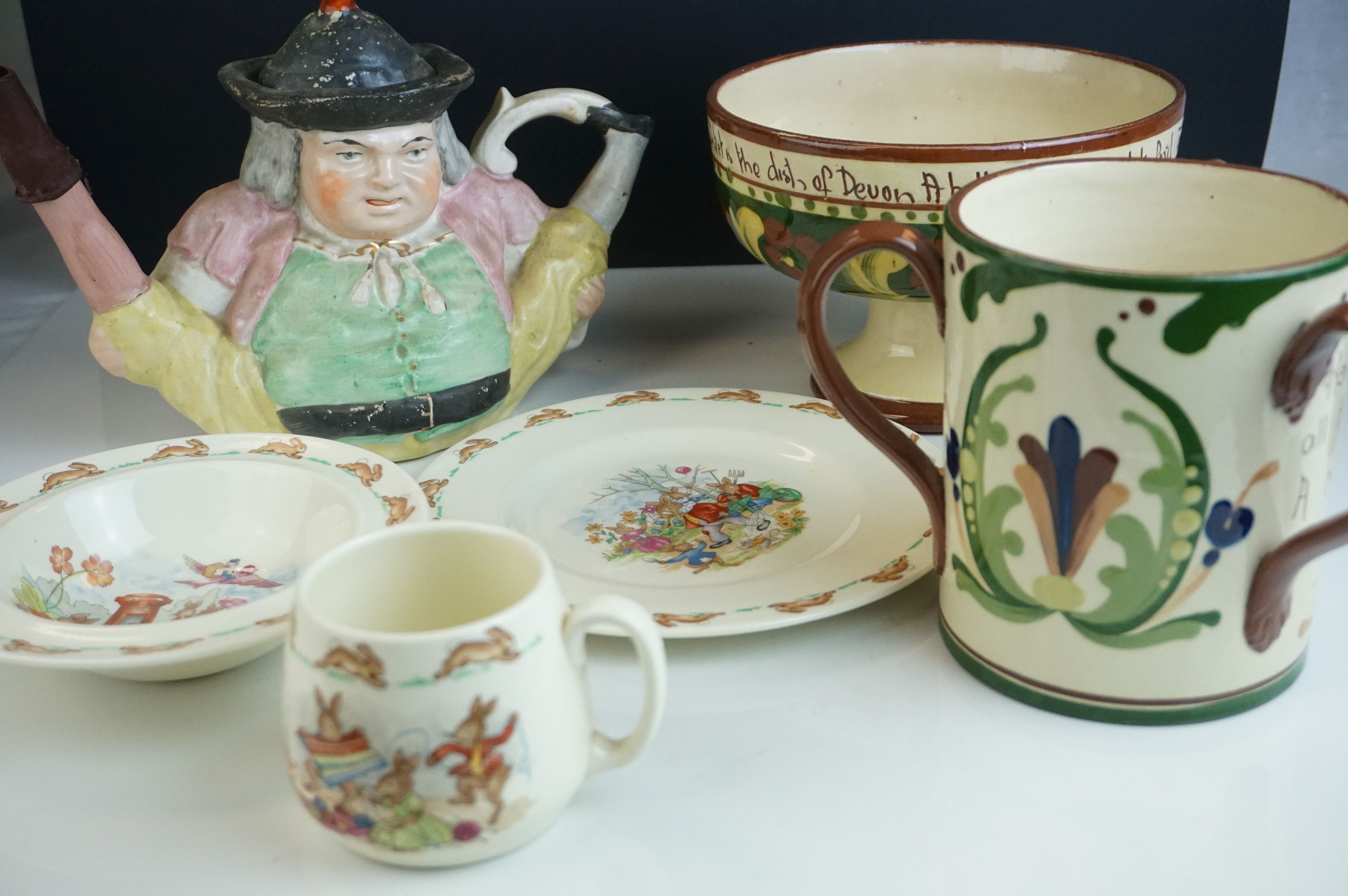 Ceramics including Torquay Mottoware Three Handled Mug and Footed Bowl, Royal Doulton Bunnykins
