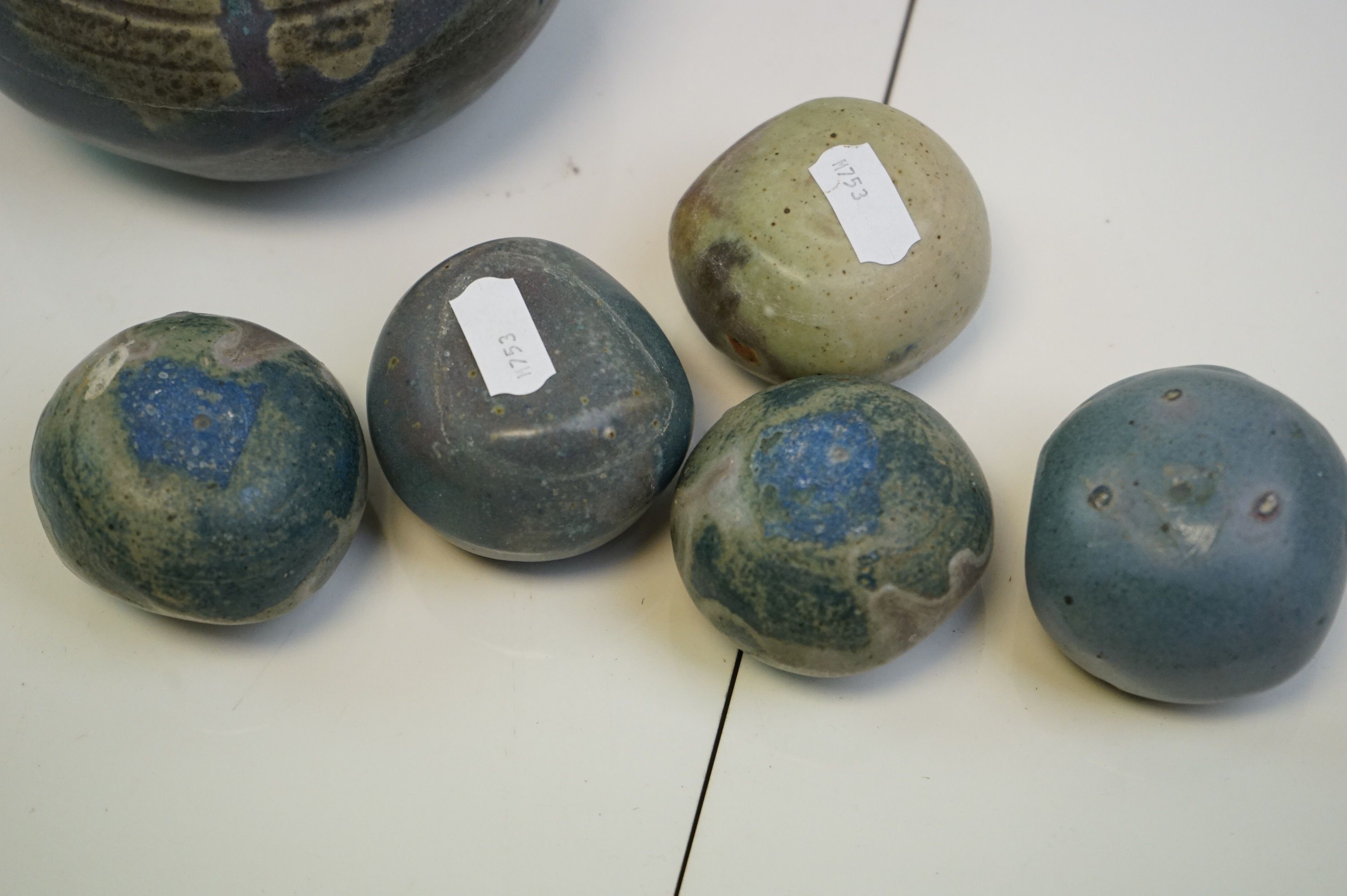 Five studio pottery sculptures in the form of stones together with one other larger no makers mark. - Image 5 of 5